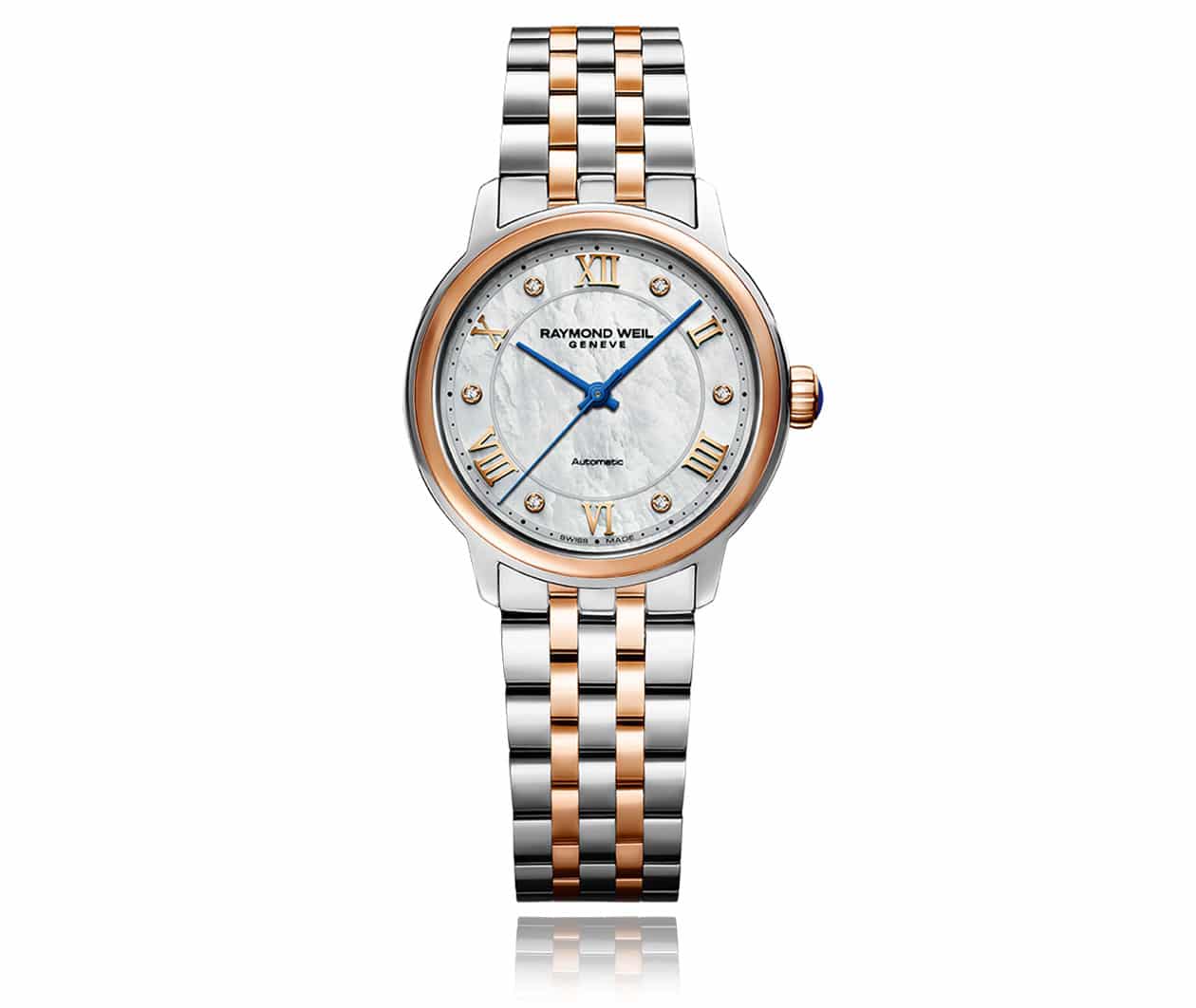 Raymond Weil Maestro Maestro Ladies Automatic Mother of Pearl Diamond Bracelet Watch 2131 SP5 00966 Flatlay