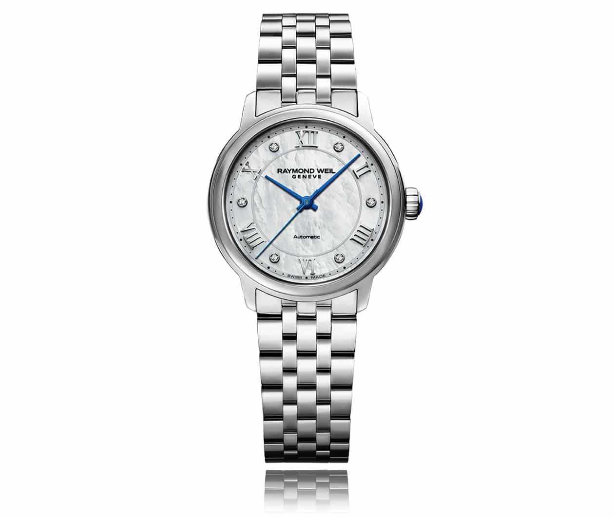 Raymond Weil Maestro Maestro Ladies Automatic Mother of Pearl Diamond Bracelet Watch 2131 ST 00966 Flatlay
